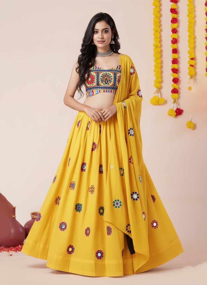 Yellow Kutchi Embroidered Lehenga Choli