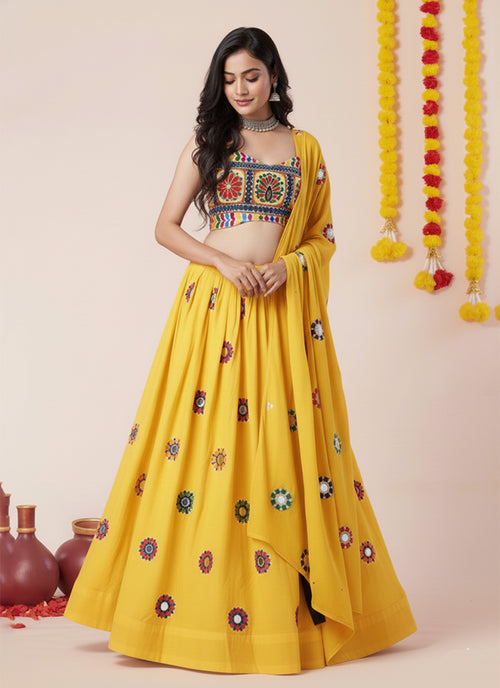 Yellow Kutchi Embroidered Lehenga Choli