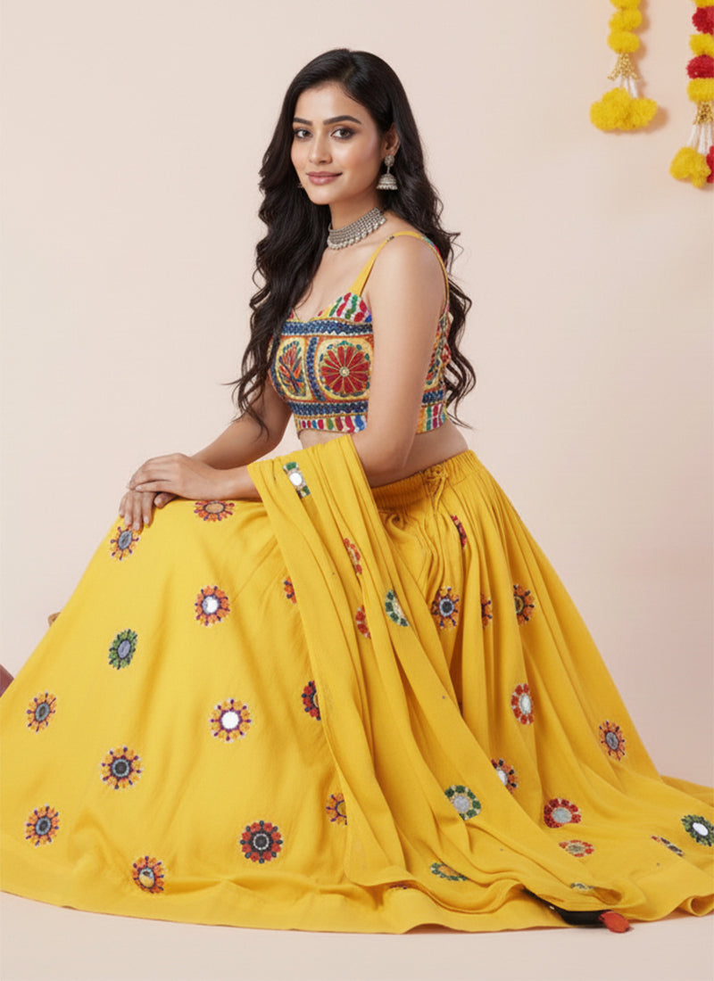 Yellow Kutchi Embroidered Lehenga Choli