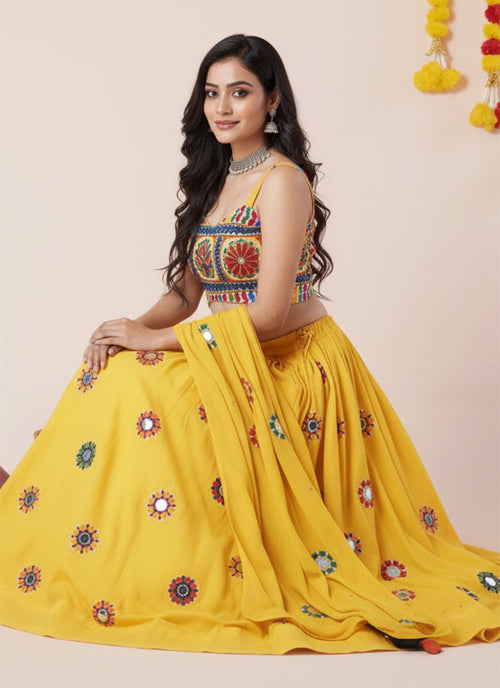 Yellow Kutchi Embroidered Lehenga Choli