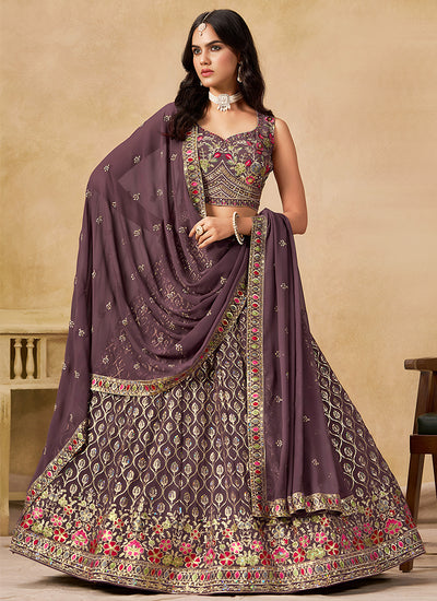 Mauve Embroidered Bridal Lehenga Choli