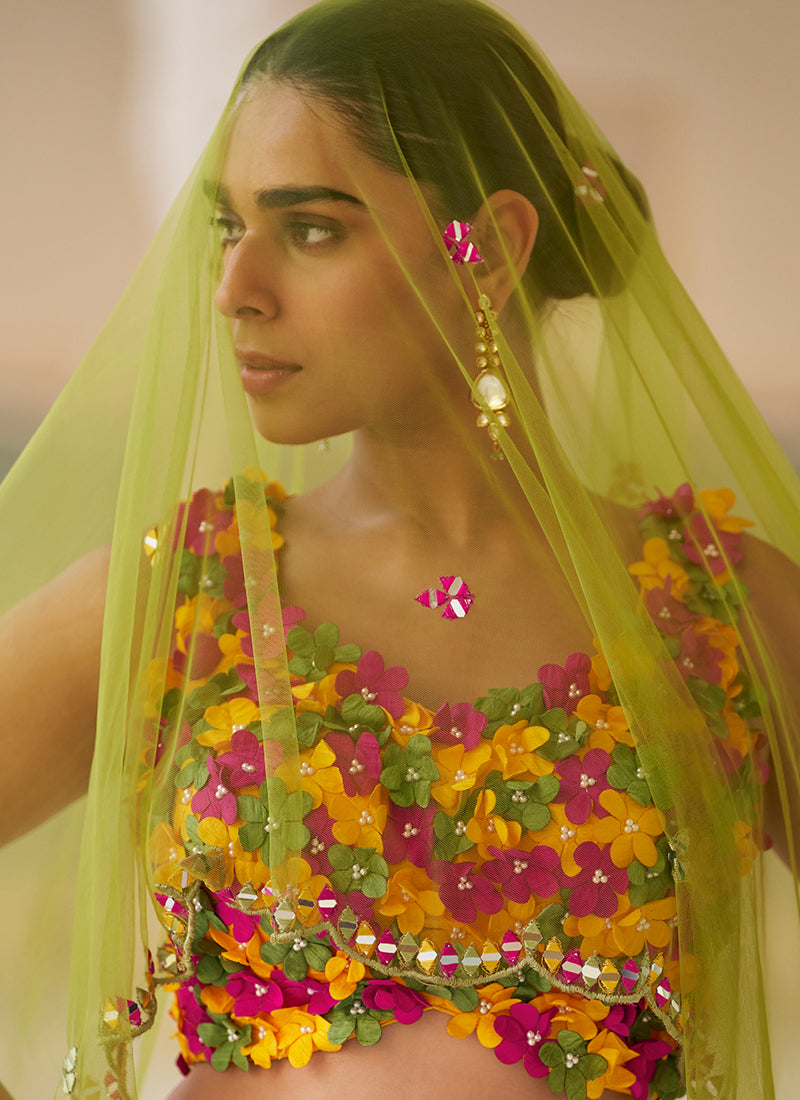 Buy Yellow And Pink Appliqué Embroidered Lengha Choli In UK