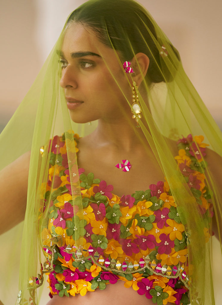 Buy Yellow And Pink Appliqué Embroidered Lengha Choli In UK