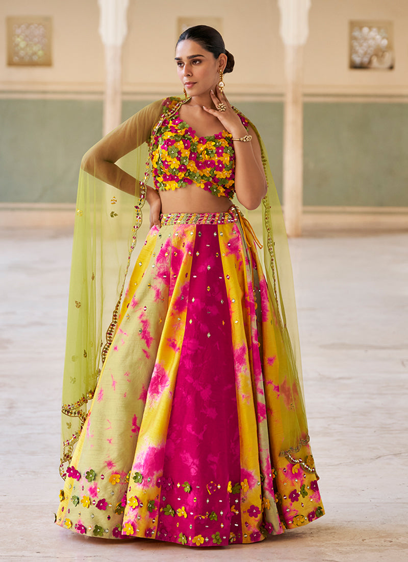 Yellow And Pink Appliqué Embroidered Lehenga Choli