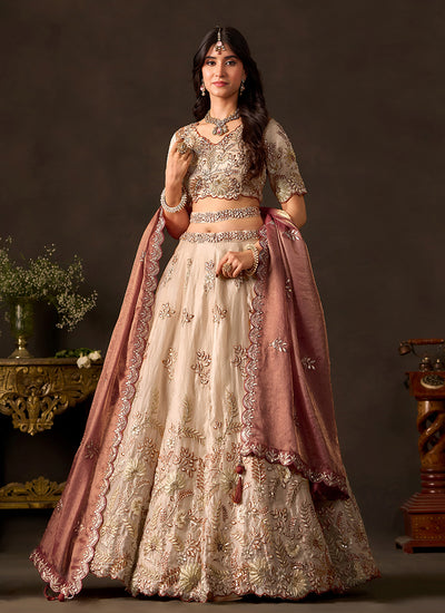 Beige And Rust Red Floral Embroidered Lehenga Choli Set