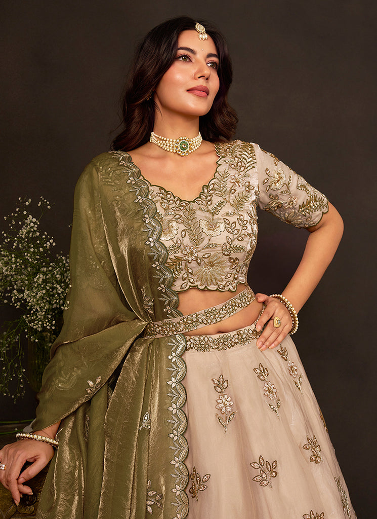 Shop Beige And Olive Floral Lehenga Choli In UK 