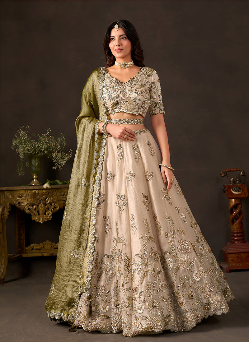 Beige And Olive Floral Embroidered Lehenga Choli Set 
