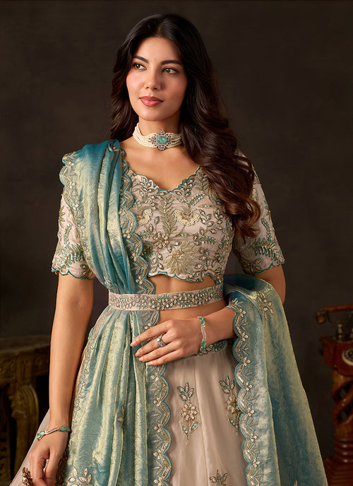 Buy Beige And Teal  Party Lehenga Choli In UAE