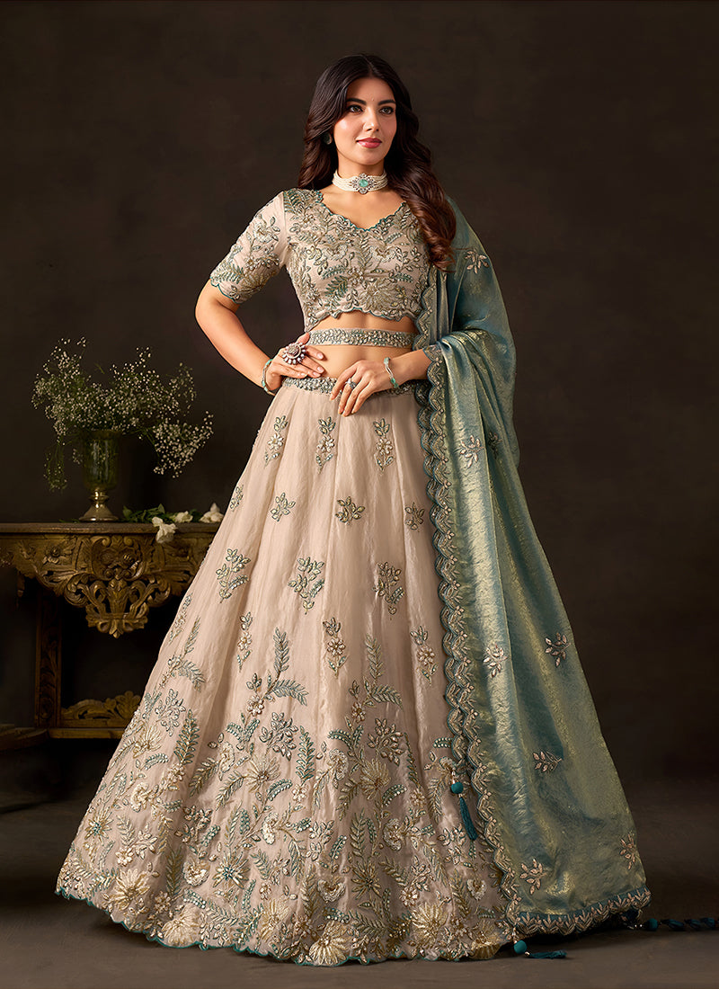 Beige And Teal Lehenga Choli For Occaision