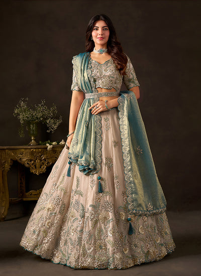 Beige And Teal Floral Embroidered Lehenga Choli Set