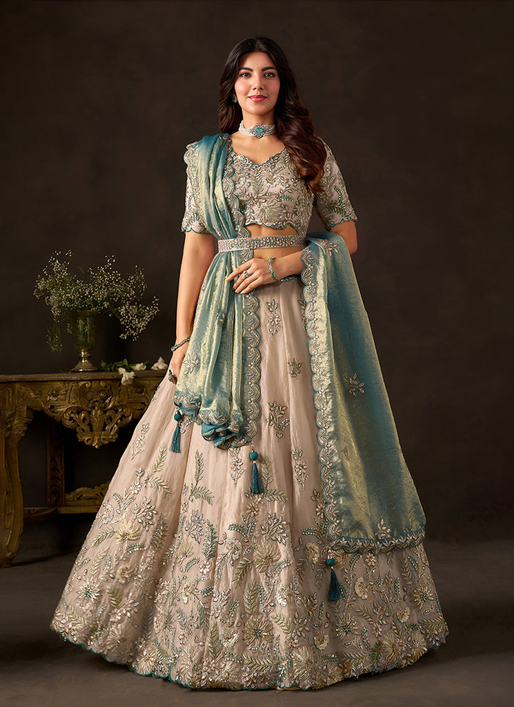 Beige And Teal Floral Embroidered Lehenga Choli Set