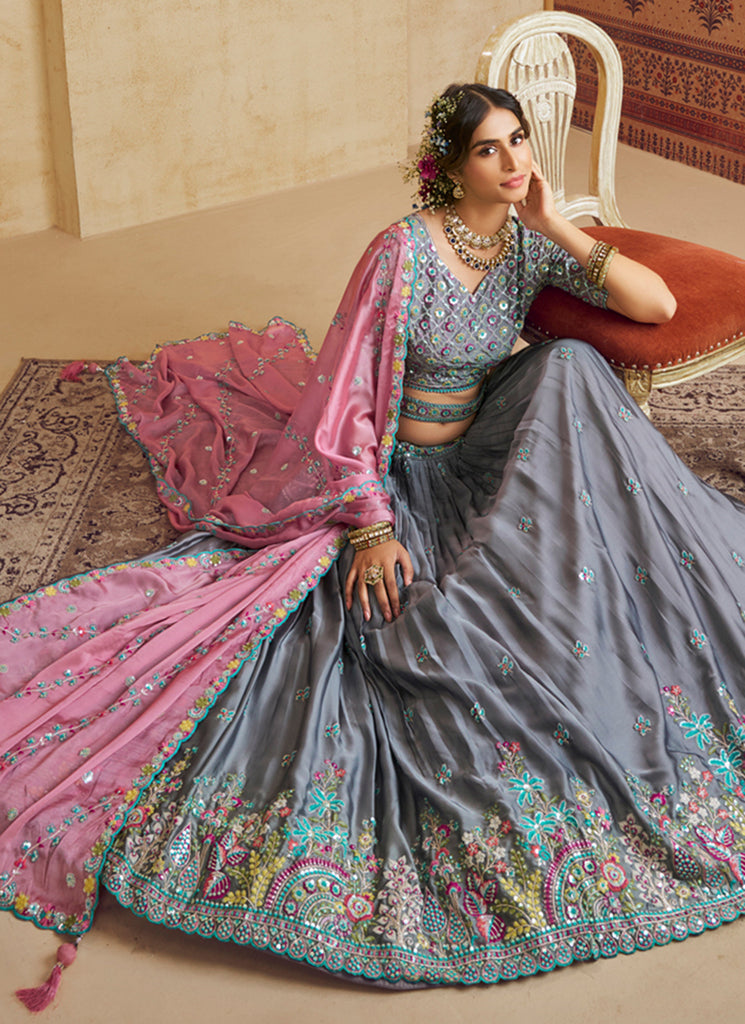 Grey And Pink Lehenga Choli For Women
