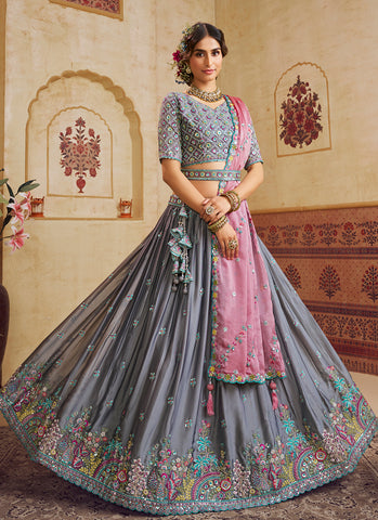Grey And Pink Multi Designer Lengha Choli