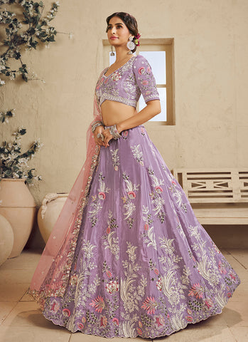 Lavender Traditional Embroidery Bridal Lahenda Choli