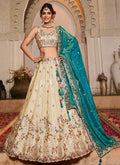 Cream And Turquoise Embroidered Lehenda Choli