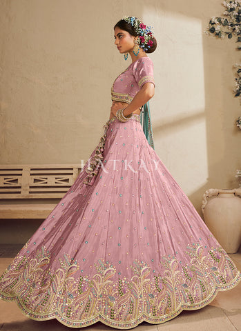 Pink And Teal Embroidery Bridal Lehenga Choli