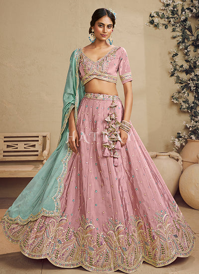 Shop Pink And Teal Embroidery Bridal Lehenga Choli