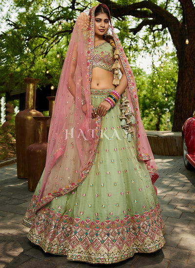 Green And Pink Embroidery Lehenga Choli 