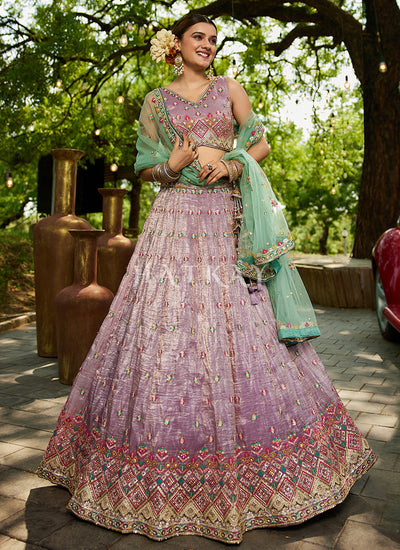 Purple And Sea Green Embroidery Lehenga Choli