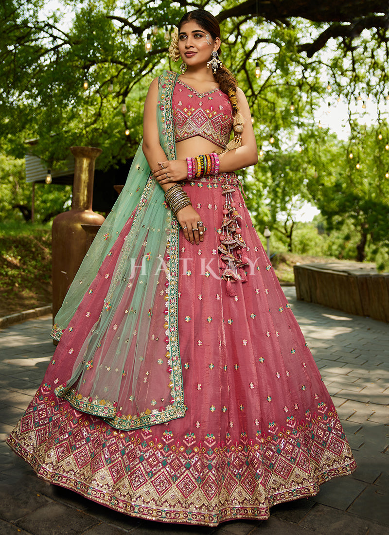 Pink And Green Embroidery Lehenga Choli