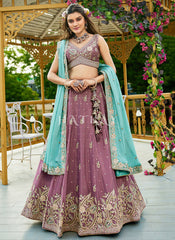 Dusty Mauve Bridal Lehenga Choli With Turquoise Dupatta