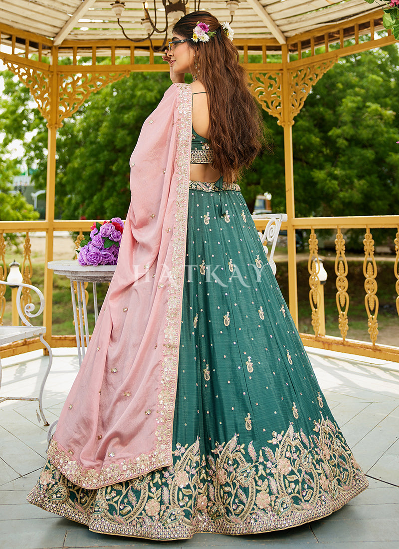 Buy Pastel Green Bollywood Lehenga Choli with Pink Dupatta
