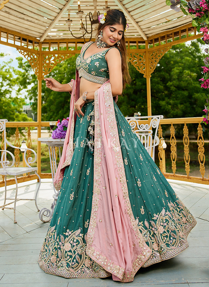 Buy Pastel Green Bollywood Lengha Choli with Pink Dupatta