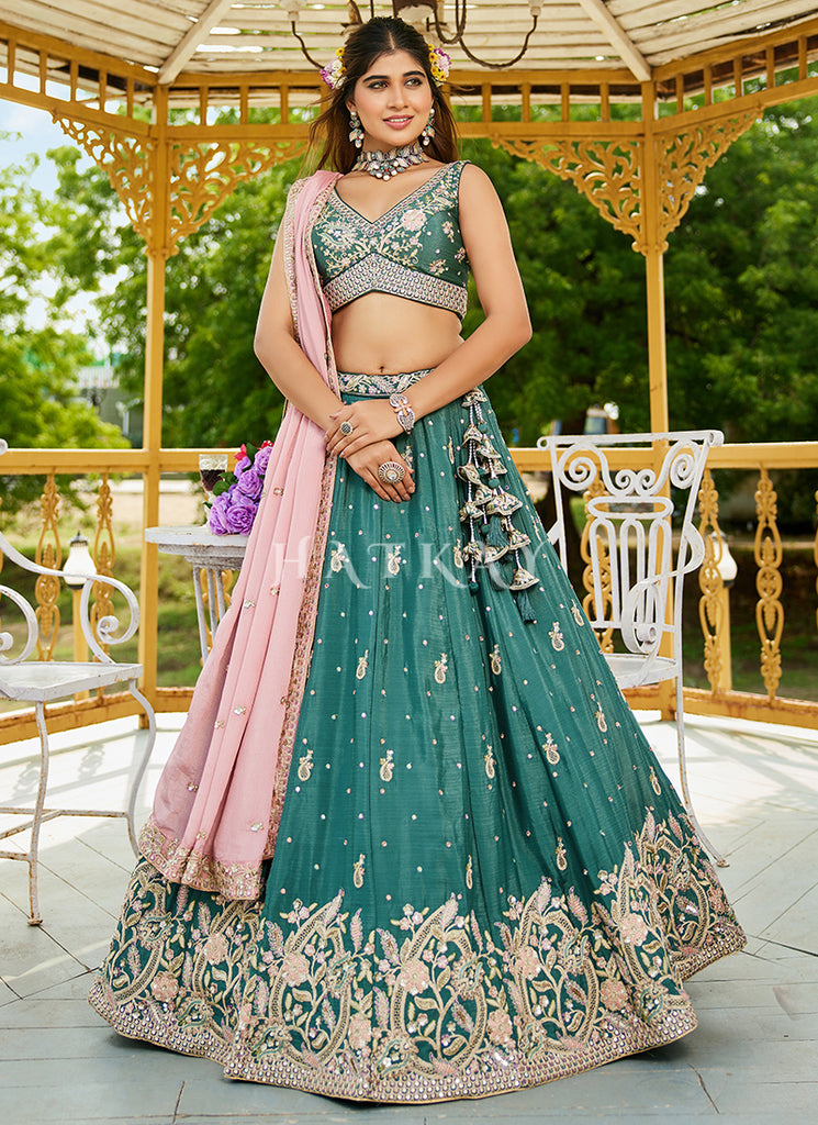 Pastel Green Bridal Lehenga Choli with Pink Dupatta