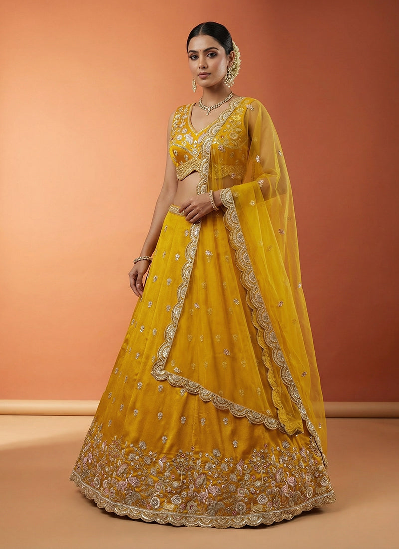 Golden Yellow Embroidered Wedding Lehenga Choli