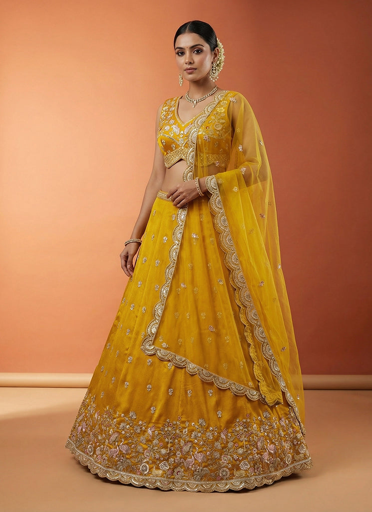 Golden Yellow Embroidered Wedding Lehenga Choli