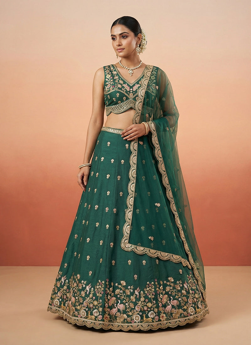 Emerald Green Embroidered Wedding Lehenga Choli