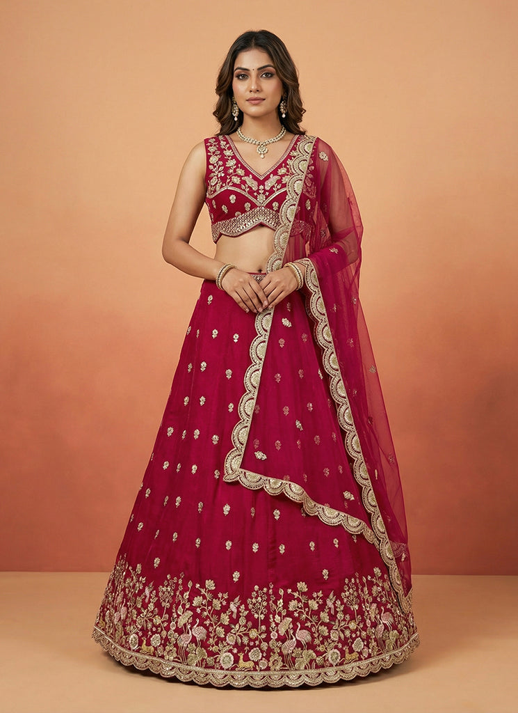 Magenta Pink Embroidered Wedding Lehenga Choli
