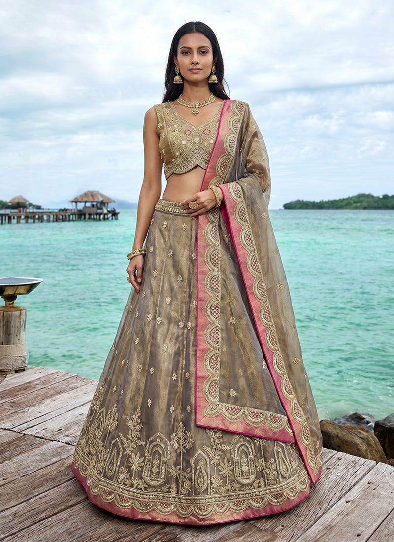 Copper Beige Embroidered Wedding Lehenga Choli
