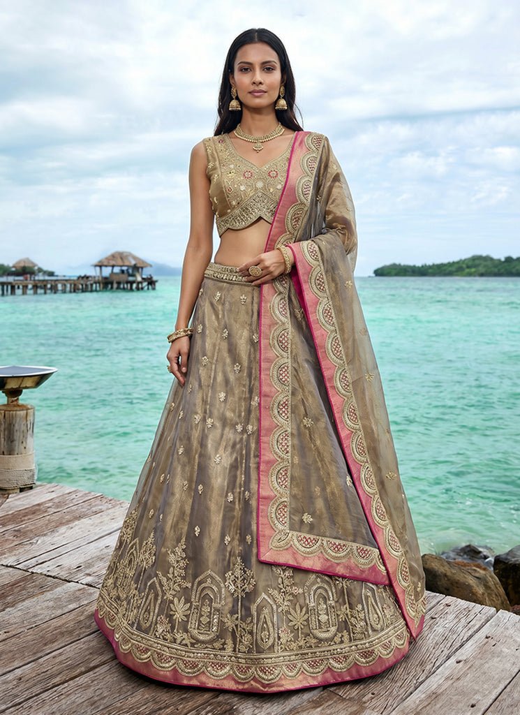 Copper Beige Embroidered Wedding Lehenga Choli