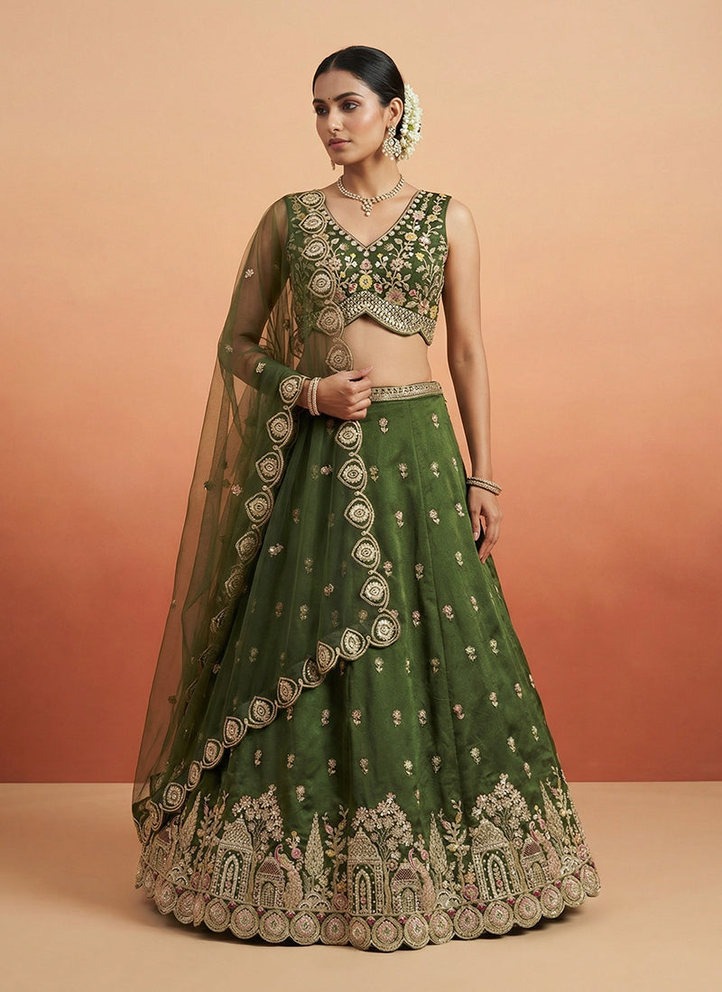 Olive Green Embroidered Wedding Lehenga Choli