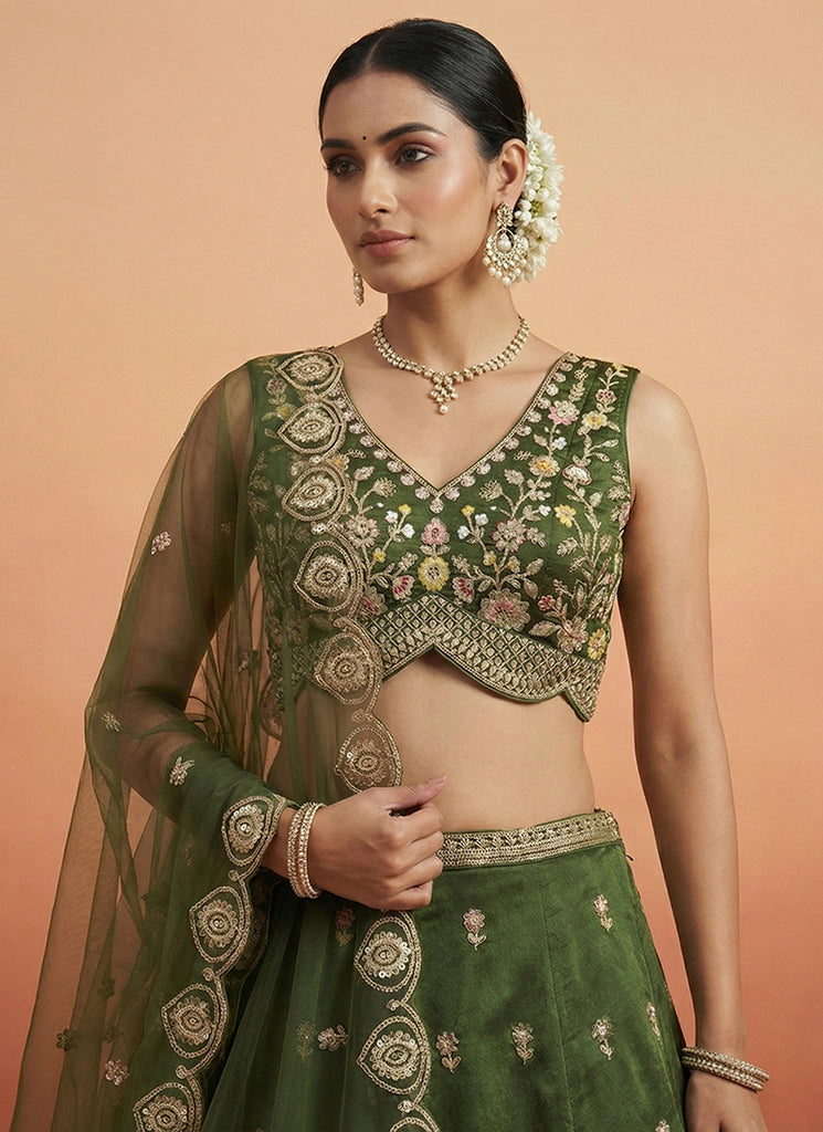 Shop Olive Green Designer Lahenda Choli At Hatkay