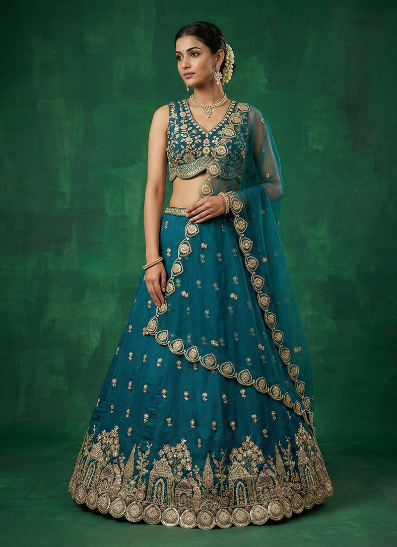 Teal Blue Embroidered Wedding Lehenga Choli