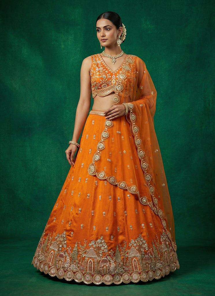 Orange Embroidered Wedding Lehenga Choli