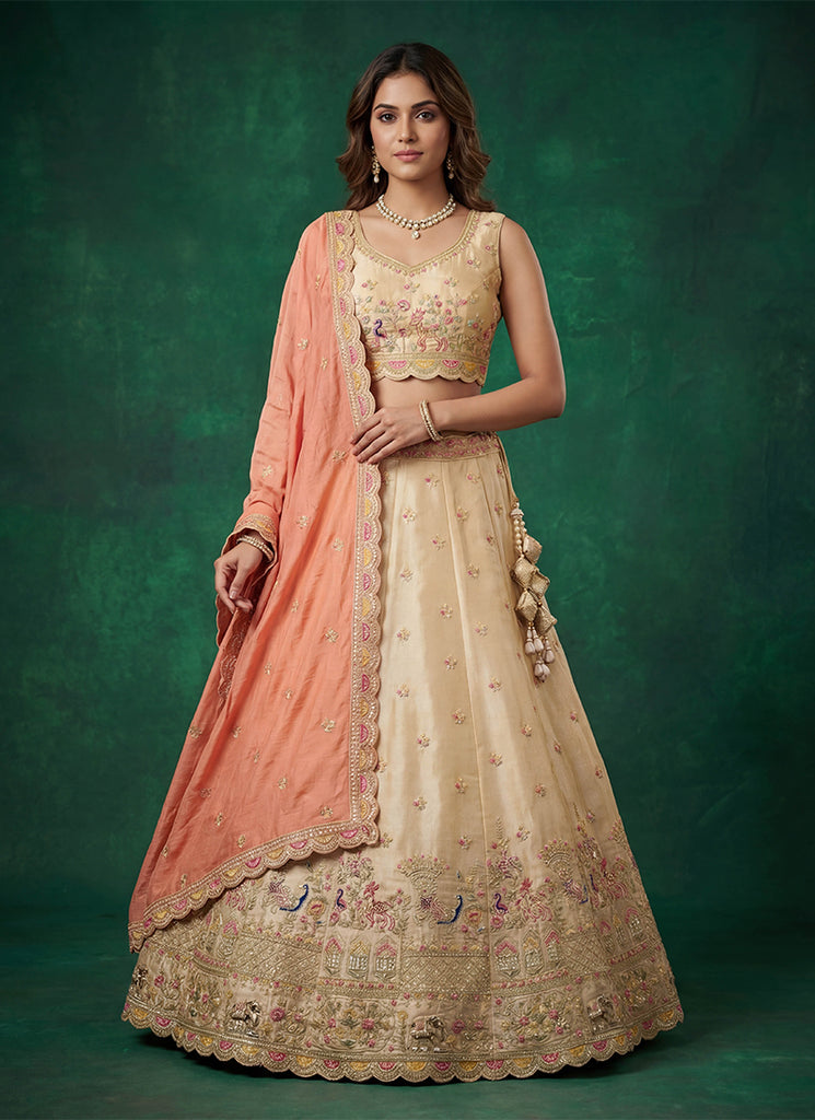 Golden Peach Embroidered Wedding Lehenga Choli