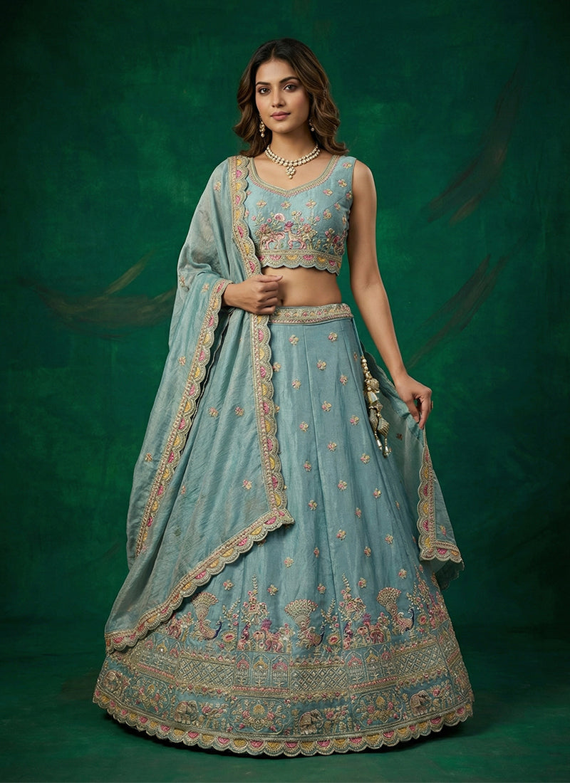 Light Blue Multi Embroidered Wedding Lehenga Choli
