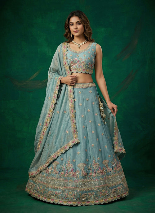Light Blue Multi Embroidered Wedding Lehenga Choli