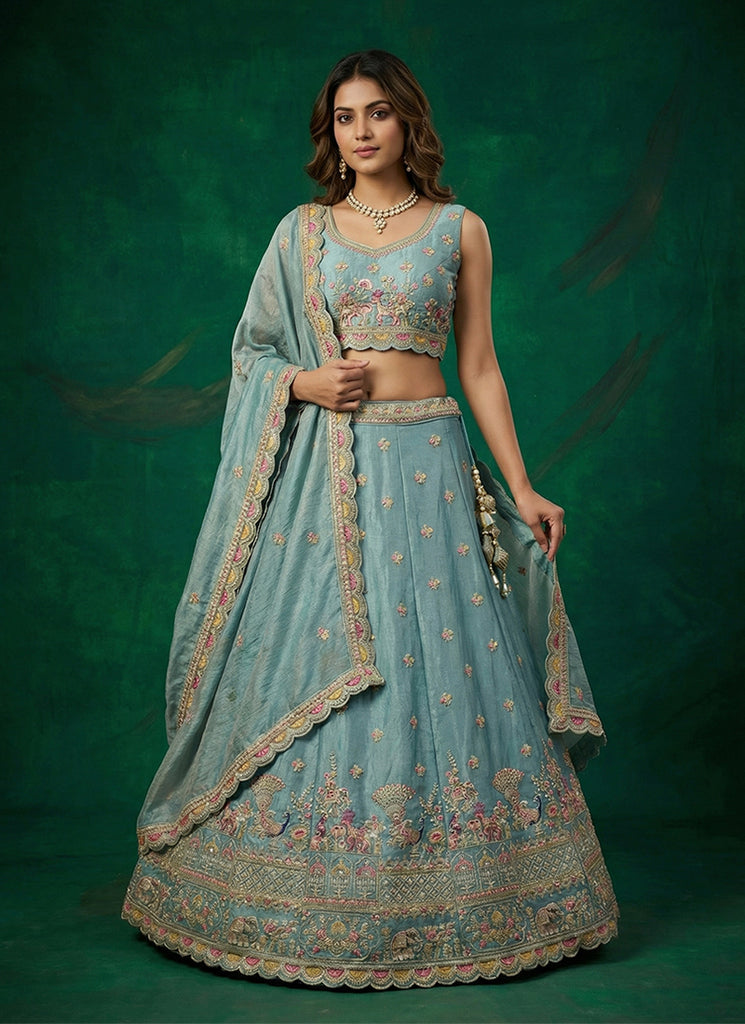 Light Blue Multi Embroidered Wedding Lehenga Choli