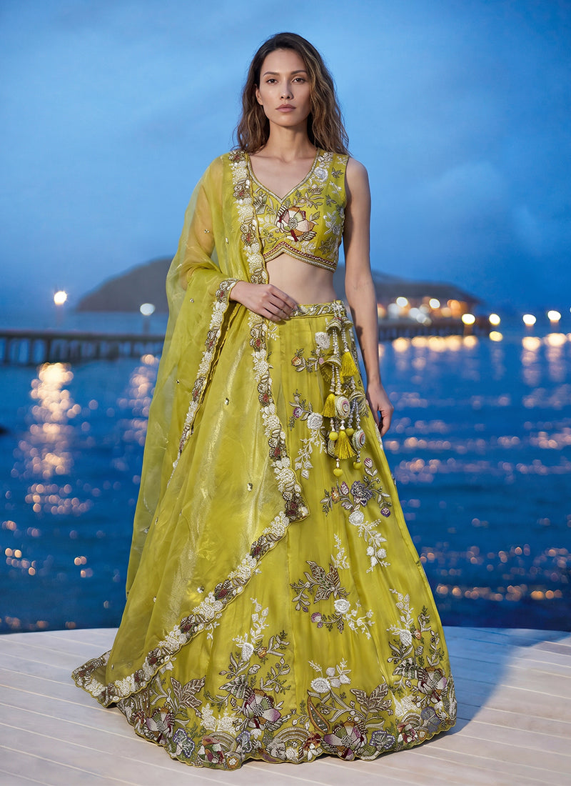 Lime Green Embroidered Tissue Silk Lehenga Choli
