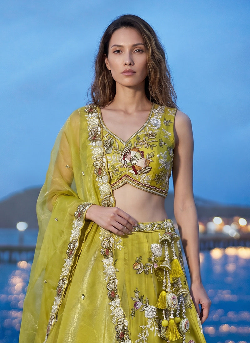 Shop Lime Green Silk Lehenga Choli Online