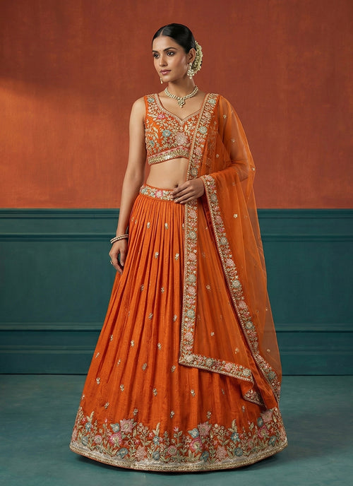 Burnt Orange Embroidered Bridal Lehenga Choli