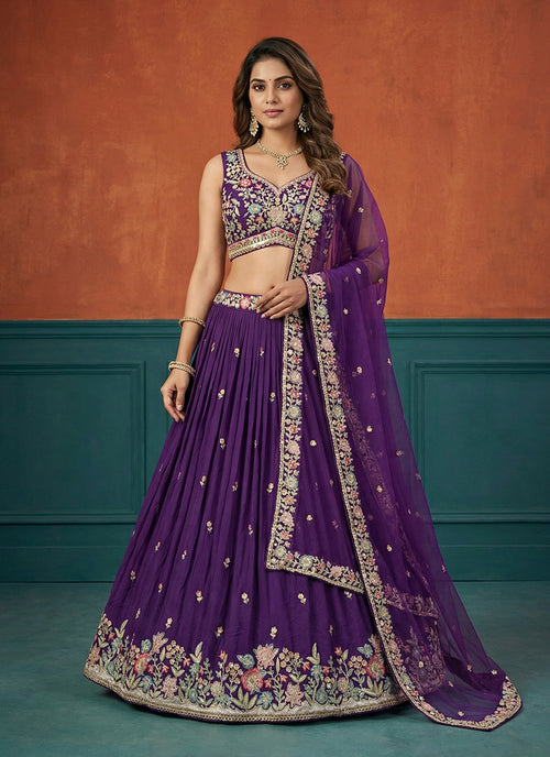 Purple Embroidered Bridal Lehenga Choli