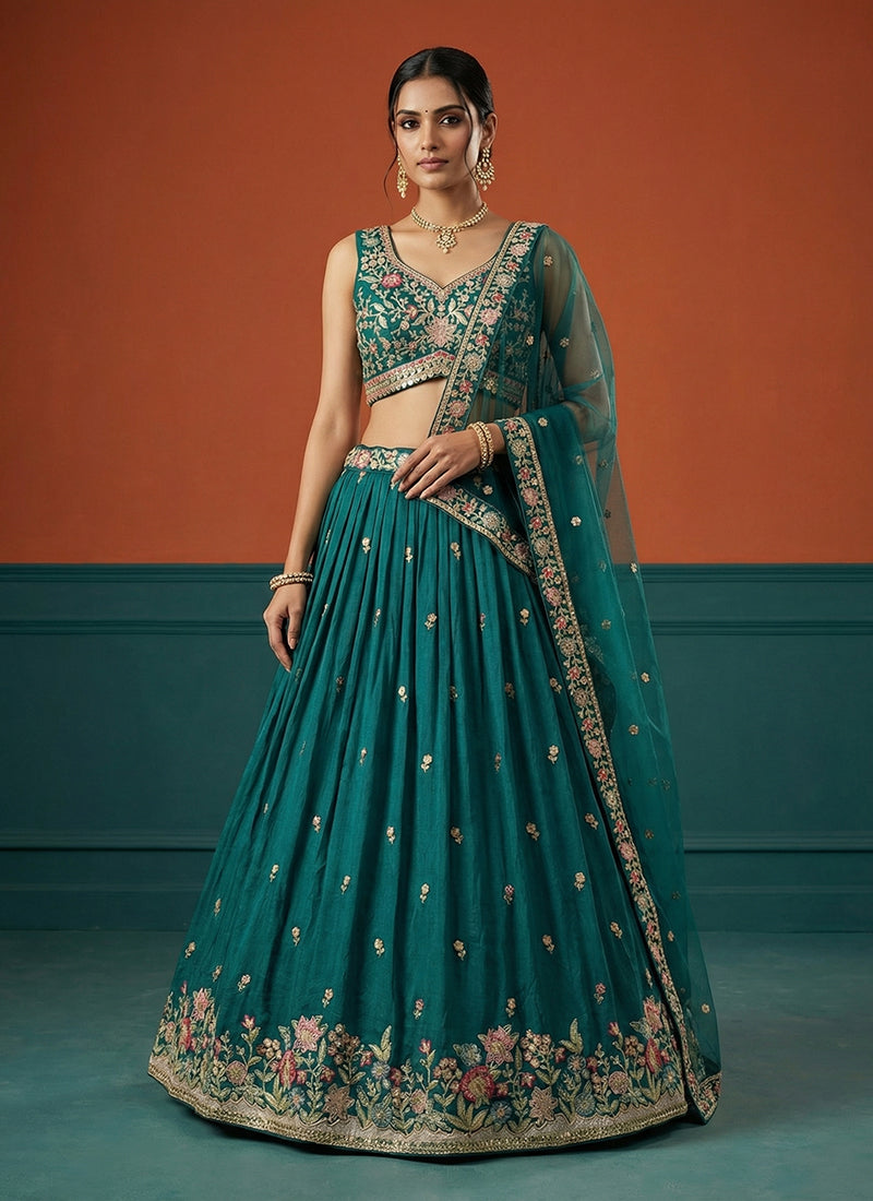 Rama Green Embroidered Bridal Lehenga Choli