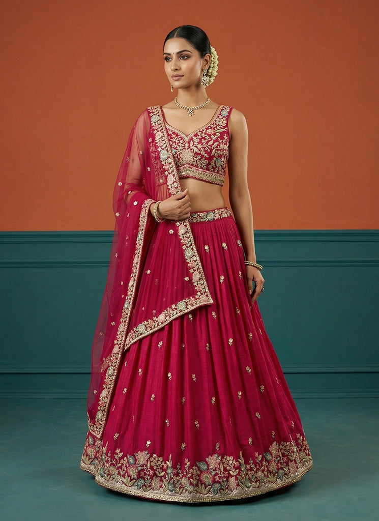 Rich Pink Embroidered Bridal Lehenga Choli