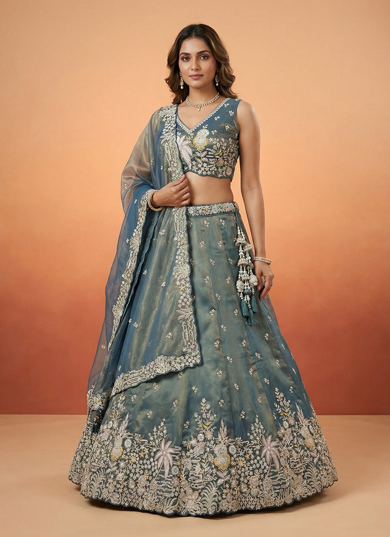 Marine Blue Tissue Silk Lehenga Choli