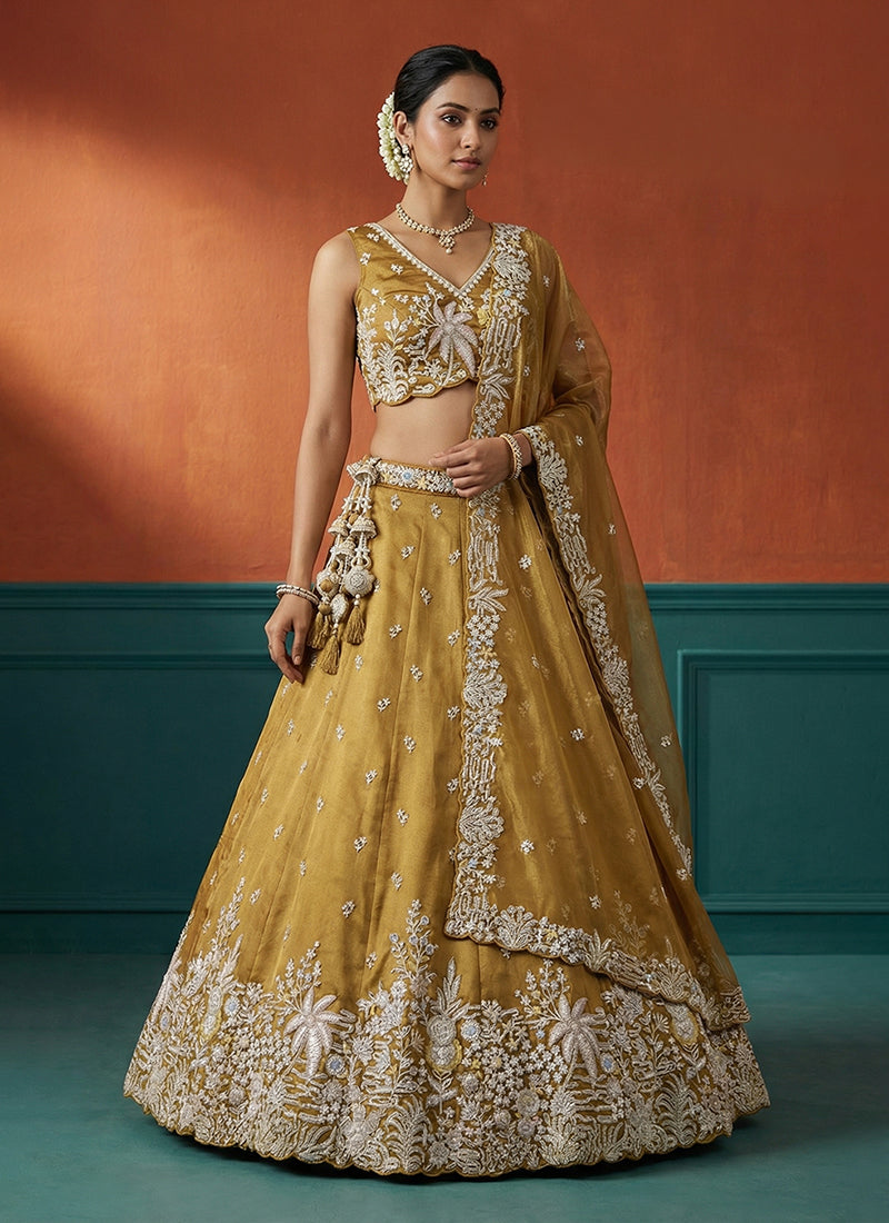 Amber Yellow Tissue Silk Lehenga Choli
